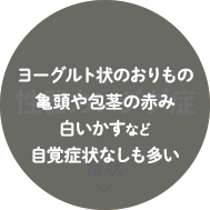 ヨーグルト状のおりもの、亀頭や包茎の赤み、白いかすなど。自覚症状なしも多い